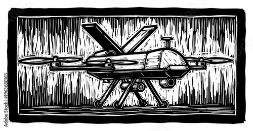Military unmanned aerial vehicle drone in vintage woodcut style