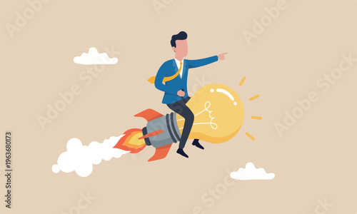 Creative, innovation start up business or inspiration to achieve success goal concept, happy smart businessman leader riding flying bright lightbulb lamp with rocket booster in the cloud sky.