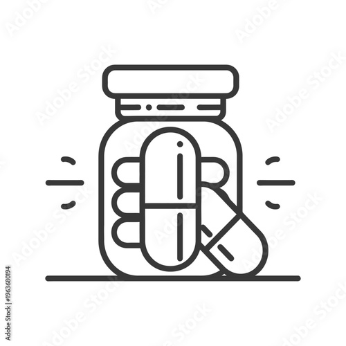 A glass jar filled with medical capsules is depicted here