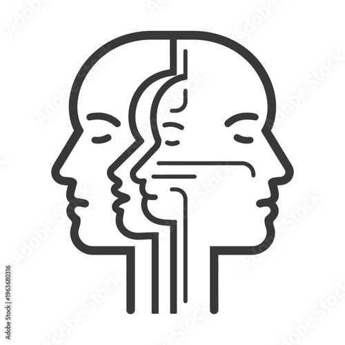 Three stylized human heads facing each other in a line
