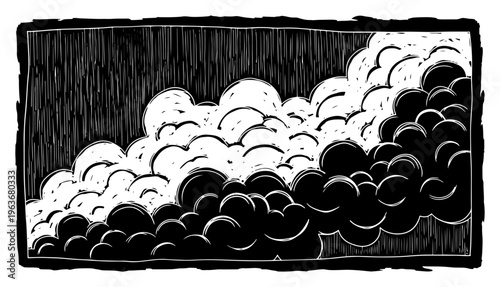 Thick fluffy cumulus clouds or smoke in retro woodblock style