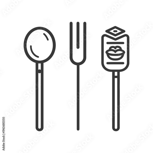 A spoon a fork and a stylized beauty tool are shown