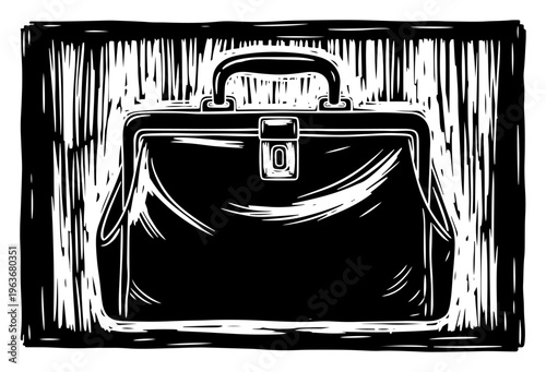 Classic vintage doctors bag or leather briefcase in woodcut style