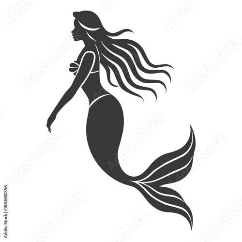 A beautiful mermaid silhouette floats gracefully with flowing long wavy hair