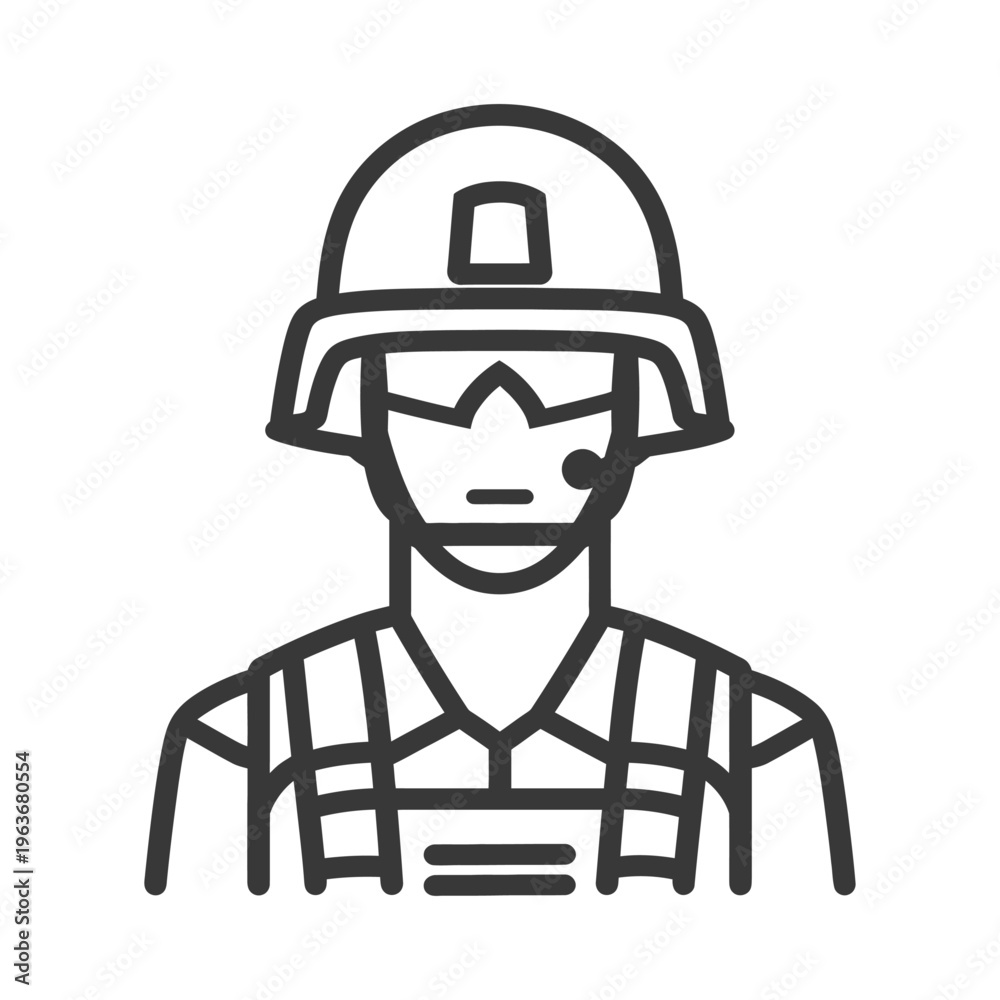 Obraz premium An outlined image of a soldier wearing protective gear and helmet