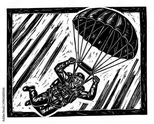 Military paratrooper descending with parachute in vintage linocut woodcut style