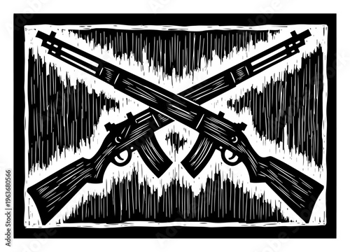Crossed military rifles weapon symbol in vintage linocut woodcut style