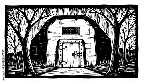 Secret military bunker door hidden in the forest in linocut style