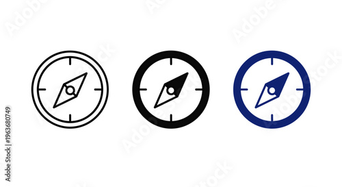 Minimalist Compass Navigation Icon Set, Simple Directional Symbols for GPS, Adventure, and Business Guidance (Outline, Glyph, and Navy Blue Styles)