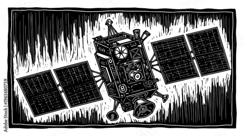 Telecommunication satellite orbiting in space in hand drawn linocut style