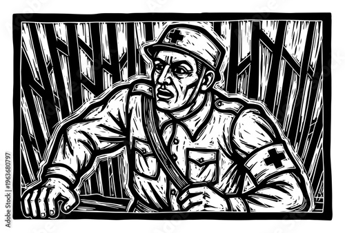 Portrait of a soldier or military medic in vintage linocut style