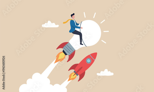 Creative smart businessman leader riding flying bright lightbulb lamp with rocket booster in the cloud sky