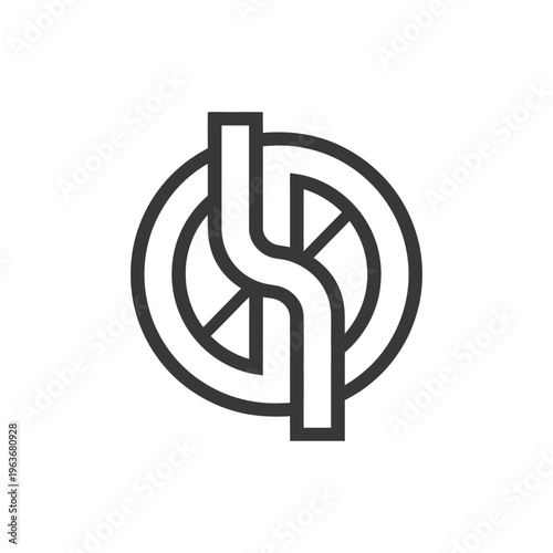 A modern black and white design featuring a wheel symbol