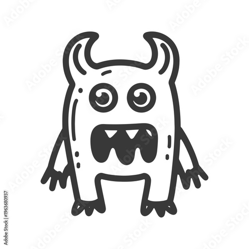 A friendly cartoon monster with horns showing a toothy grin