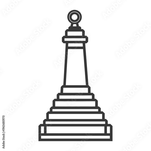 A black and white illustration depicting a stylized chess piece