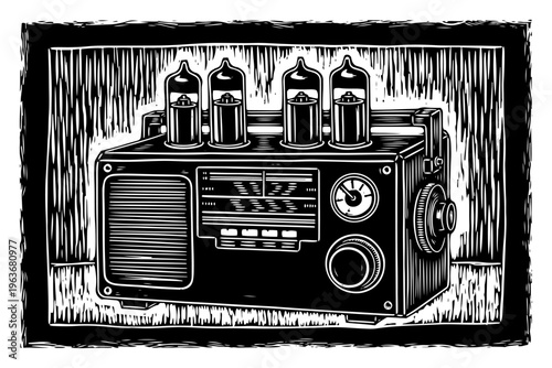 Photos Vintage shortwave radio with vacuum tubes in retro industrial woodblock print st