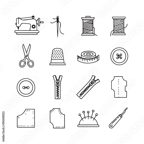 Sewing Tools Icons: Machine Scissors Thread Zippers Buttons Thimble Measuring Tape Pins Pattern Pieces Seam Ripper