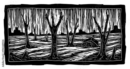Dead leafless trees in a post apocalyptic wasteland forest vintage linocut style