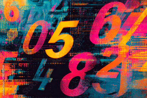 Abstract colorful numbers composition with digital data and modern graphic texture