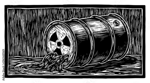 Leaking barrel of radioactive toxic waste in vintage linocut woodcut style