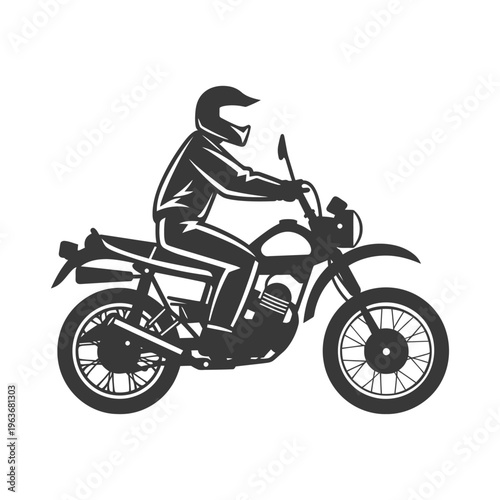 A motorcyclist riding a motorcycle in a black and white illustration