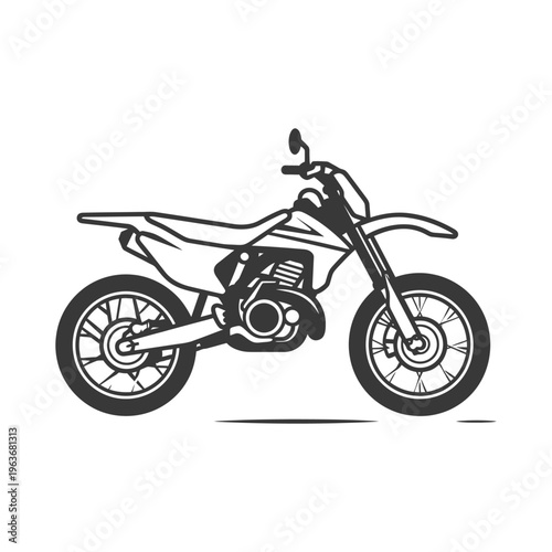 Illustrated black and white dirt bike depicting sporting recreational vehicle