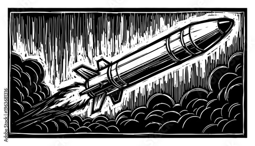 Military missile or rocket flying through smoke in linocut style