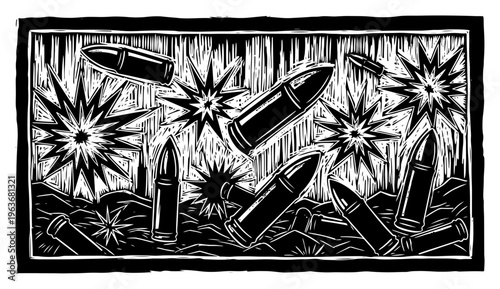 Ammunition bullets and artillery explosions in dynamic linocut style