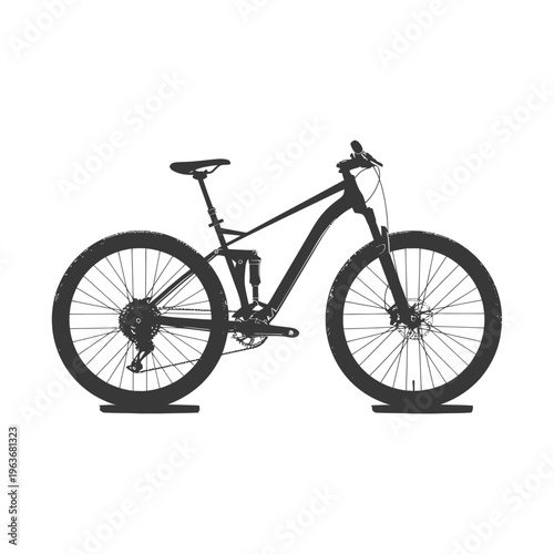 A stylized illustration depicting a mountain bicycle with full suspension