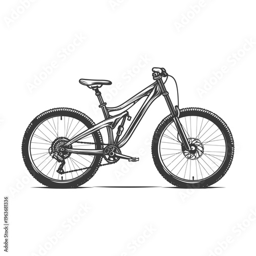 Detailed illustration of a mountain bicycle with suspension components