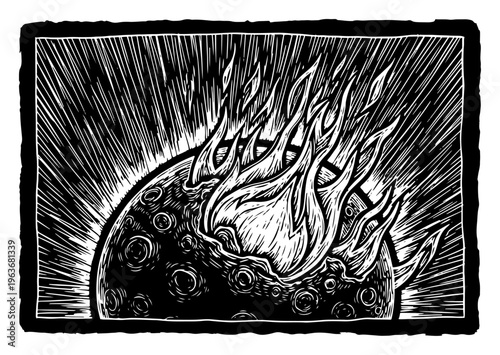 Planet on fire or asteroid impact in dramatic linocut style