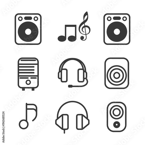 Illustrated audio equipment representing musical instruments and sound production