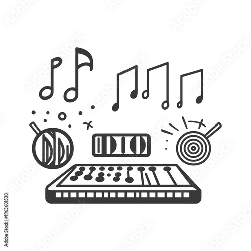 An illustrated black and white musical instrument composition