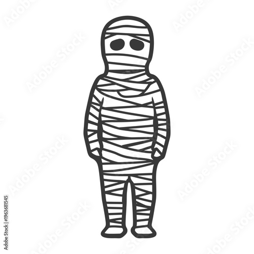 A monochrome drawing depicts a wrapped up human mummy figure