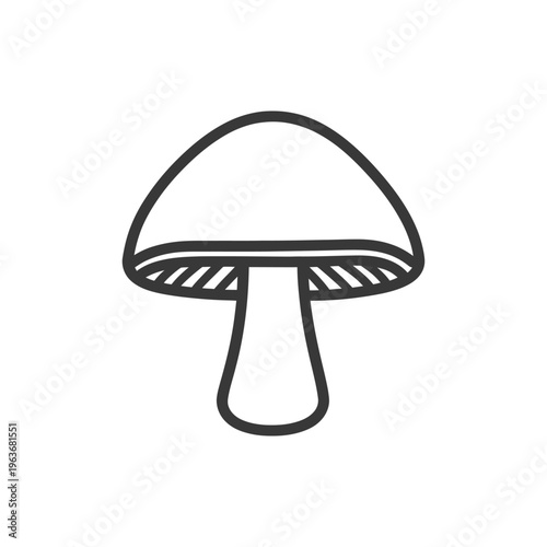 A black outlined drawing of a singular mushroom on white background