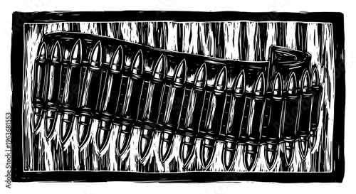 Heavy machine gun ammunition belt with bullets in retro woodcut style