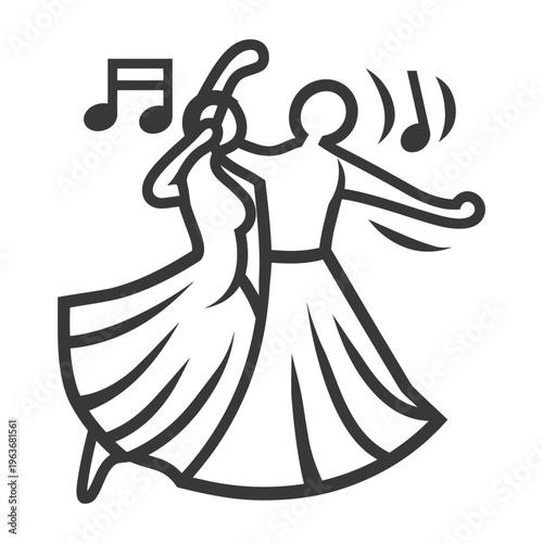 A pair of dancers perform a ballroom dance with accompanying musical notes