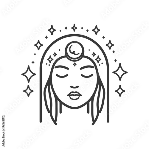 A stylized illustration of a serene face adorned with celestial elements