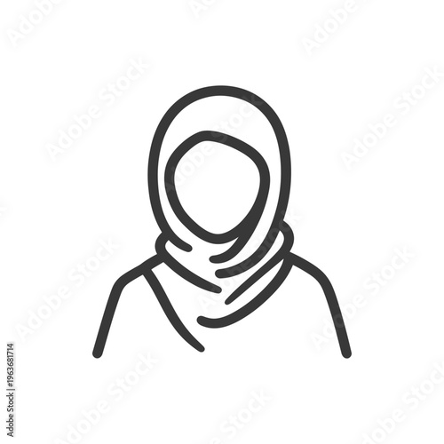 A black and white line drawing of a veiled woman