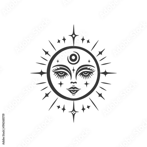 A stylized illustrated sun face radiates with star shaped light rays