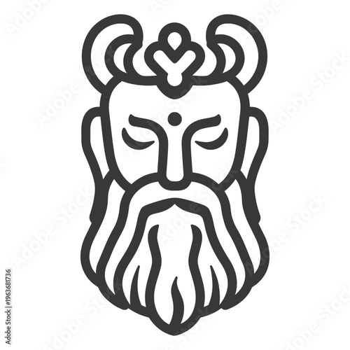 A stylized bearded figure with closed eyes and elaborate headwear