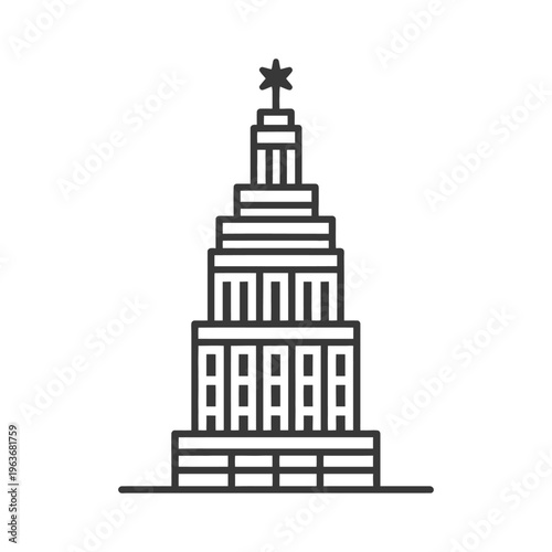 A simplistic black and white linear illustration of a tall building