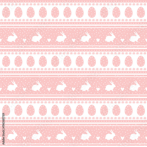Easter Striped Pattern with Easter Bunnies, Eggs, Flowers, Hearts. Seamless Holiday Trendy Background. Happy Easter Geometric Design. Vector in Pink White