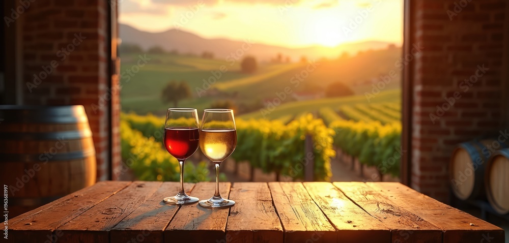 Naklejka premium Two wine glasses filled with red and white wine sit on a rustic wooden table. Beyond them, a vineyard stretches across rolling hills bathed in warm sunset light. Wine barrels are visible nearby.