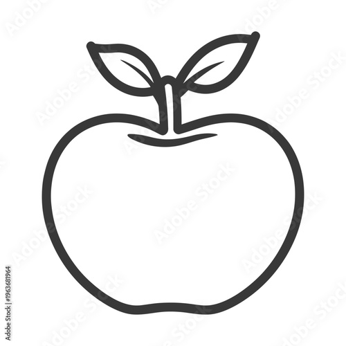 A simple outlined drawing depicting an apple with two leaves