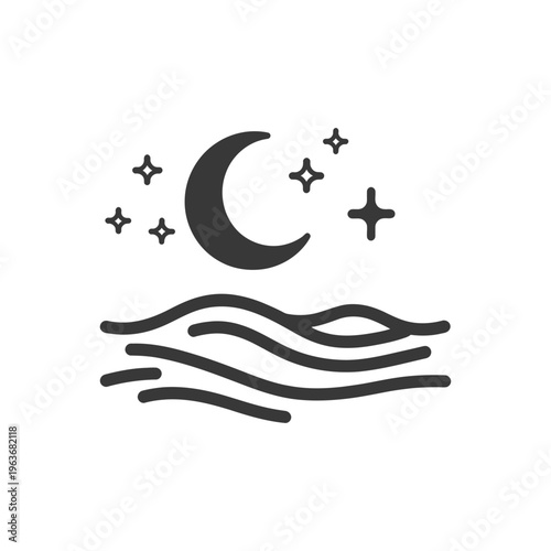 A simple illustration shows the night sky over some ocean waves