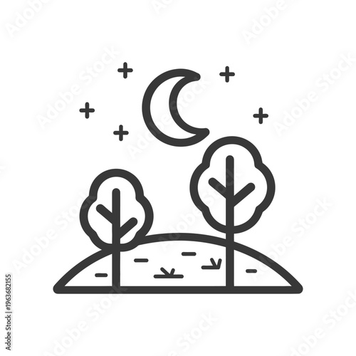 A nighttime landscape featuring the moon trees and stars