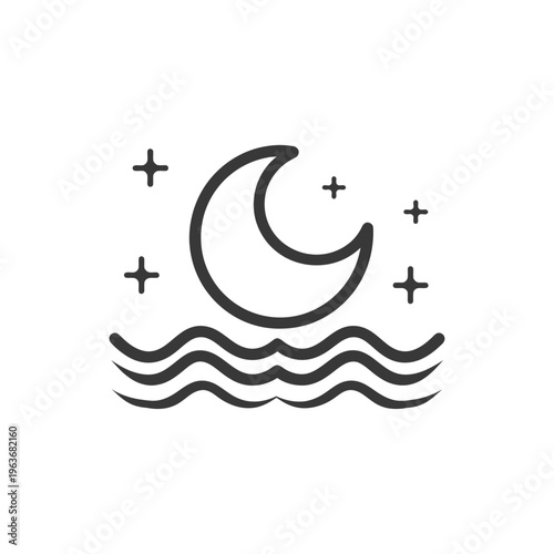 Simple graphic featuring a crescent moon stars and water waves
