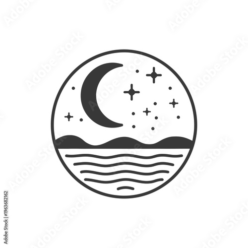 A simple black and white circular night sky landscape scene