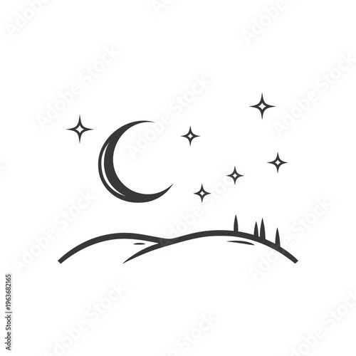 A crescent moon shining above a silhouette landscape at night